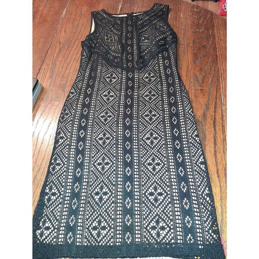 Size 2 Leslie Fay Black Tan Sleeveless Round Neck Midi Summer Dress Sundress
